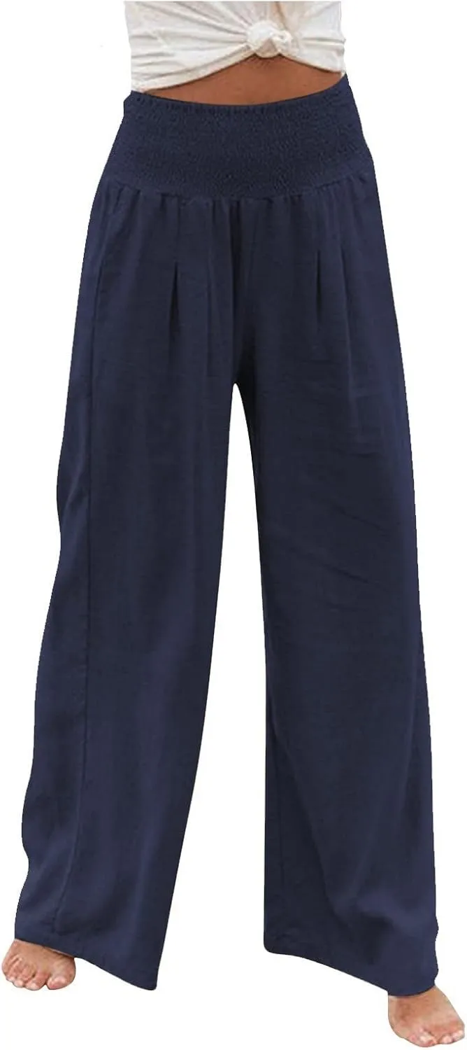 Striped Cotton Linen Cropped Pants Women Womens Wide Leg Linen Palazzo Pants Casual Elastic Waisted Loose Trousers