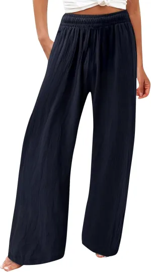 Striped Cotton Linen Cropped Pants Women Womens Wide Leg Linen Palazzo Pants Casual Elastic Waisted Loose Trousers