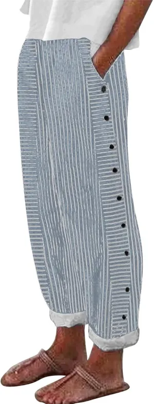 Striped Linen Pants Women Capri Gauze Side Button Elastic Waist Lightweight Casual Summer Beach Cropped Trousers 2025