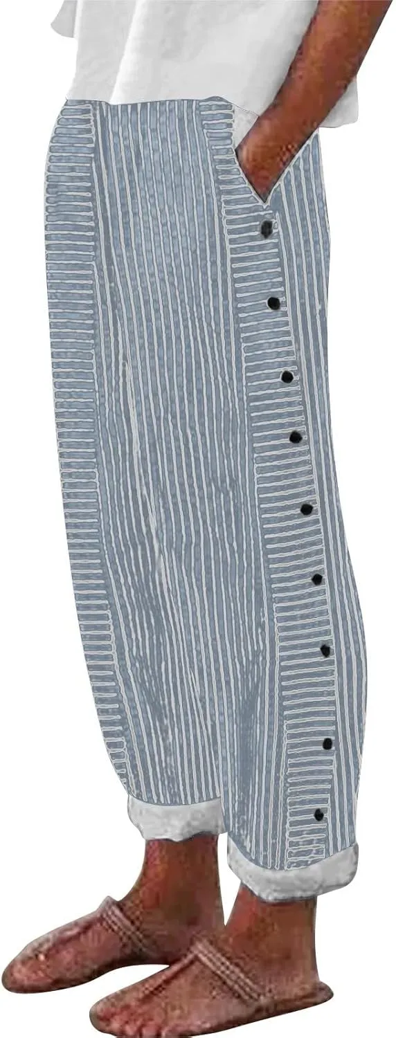 Striped Linen Pants Women Capri Gauze Side Button Elastic Waist Lightweight Casual Summer Beach Cropped Trousers 2025