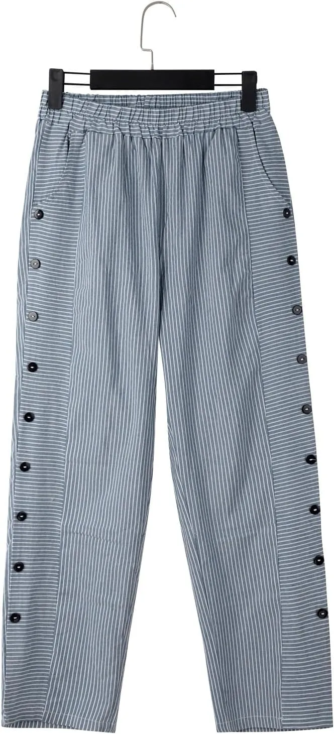 Striped Linen Pants Women Capri Gauze Side Button Elastic Waist Lightweight Casual Summer Beach Cropped Trousers 2025
