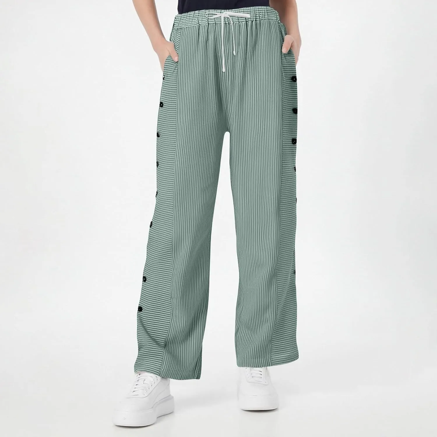 Striped Linen Pants Women Cropped Side Button Elastic Waist Capris Lightweight Summer Beach Trousers with Pocket