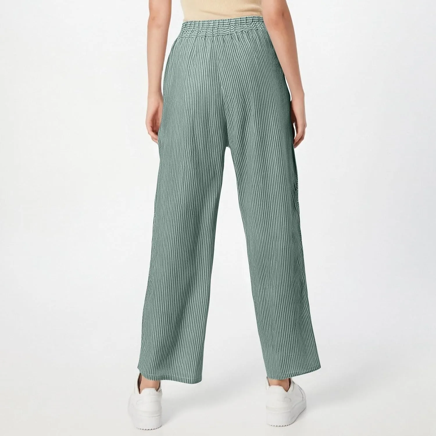 Striped Linen Pants Women Cropped Side Button Elastic Waist Capris Lightweight Summer Beach Trousers with Pocket