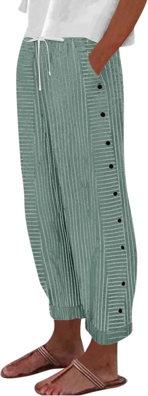 Striped Linen Pants Women Cropped Side Button Elastic Waist Capris Lightweight Summer Beach Trousers with Pocket