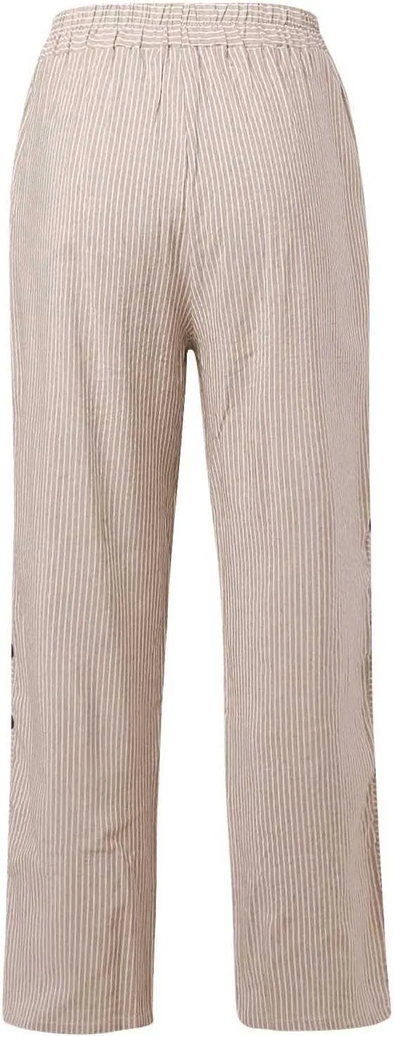Striped Pants for Women Summer Trendy Side Button Elastic Waist Straight Leg Beach Casual Trousers with Pockets
