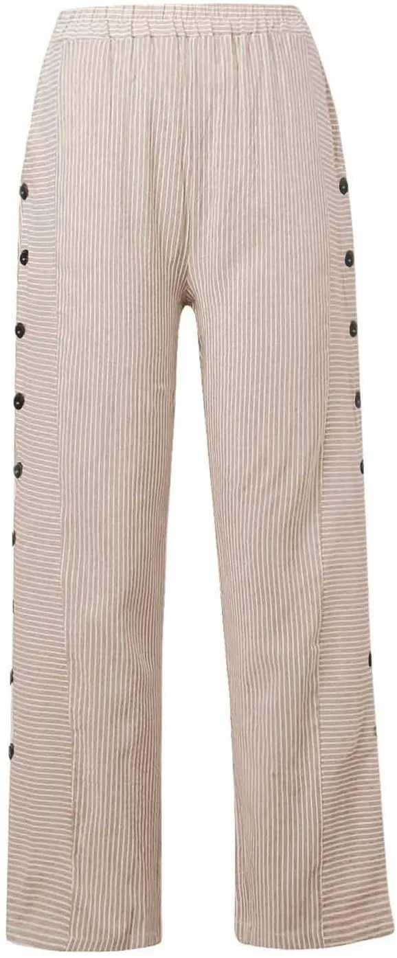 Striped Pants for Women Summer Trendy Side Button Elastic Waist Straight Leg Beach Casual Trousers with Pockets