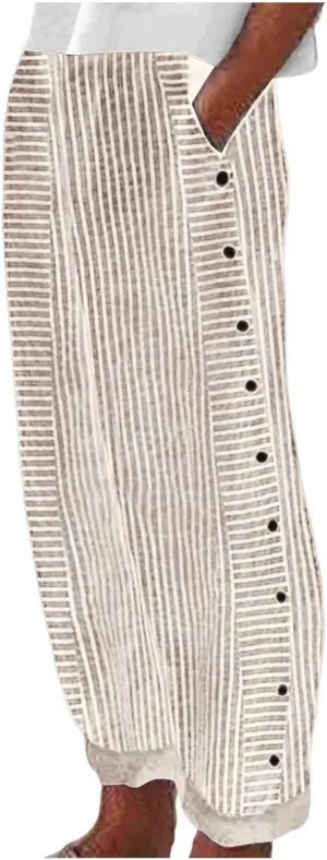 Striped Pants for Women Summer Trendy Side Button Elastic Waist Straight Leg Beach Casual Trousers with Pockets