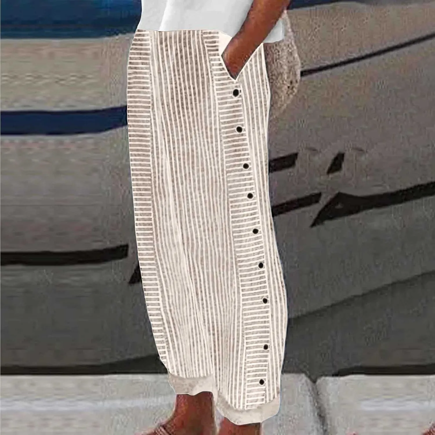 Striped Pants for Women Summer Trendy Side Button Elastic Waist Straight Leg Beach Casual Trousers with Pockets