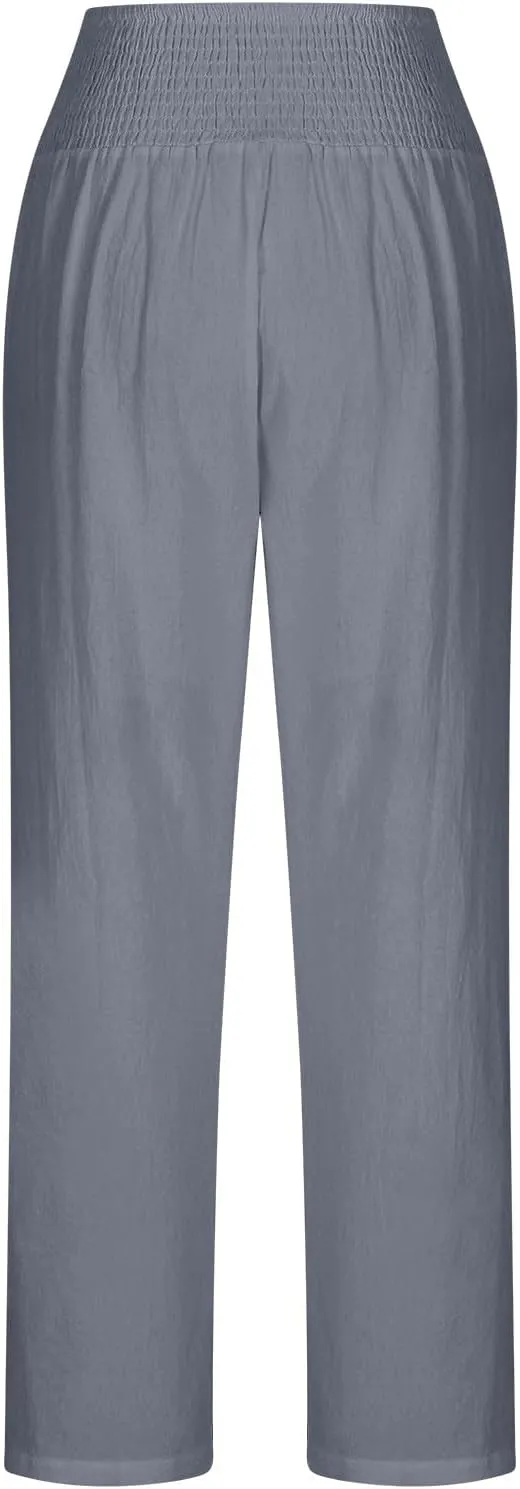 Summer Beach Pants for Women Casual Palazzo Linen Pants Smocked Elastic Waist Loose Trousers with Pockets
