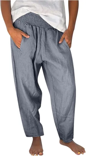 Summer Beach Pants for Women Casual Palazzo Linen Pants Smocked Elastic Waist Loose Trousers with Pockets