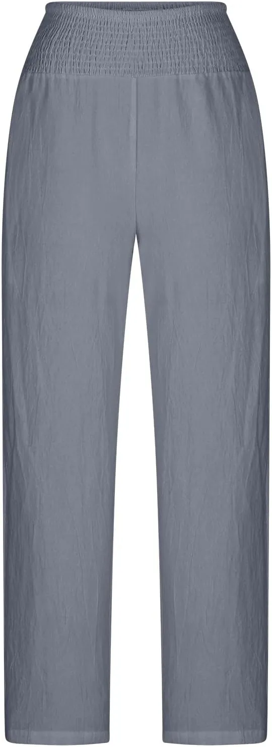 Summer Beach Pants for Women Casual Palazzo Linen Pants Smocked Elastic Waist Loose Trousers with Pockets