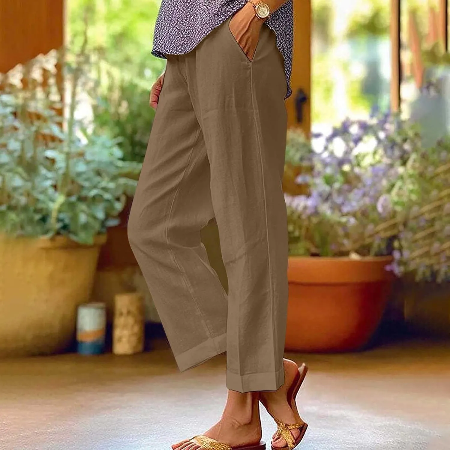 Summer Casual Wide Leg Linen Pants for Women Comfy Cotton Linen Pant Baggy Palazzo Trousers Pocket Boho Beach Outfits