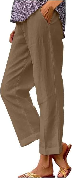 Summer Casual Wide Leg Linen Pants for Women Comfy Cotton Linen Pant Baggy Palazzo Trousers Pocket Boho Beach Outfits