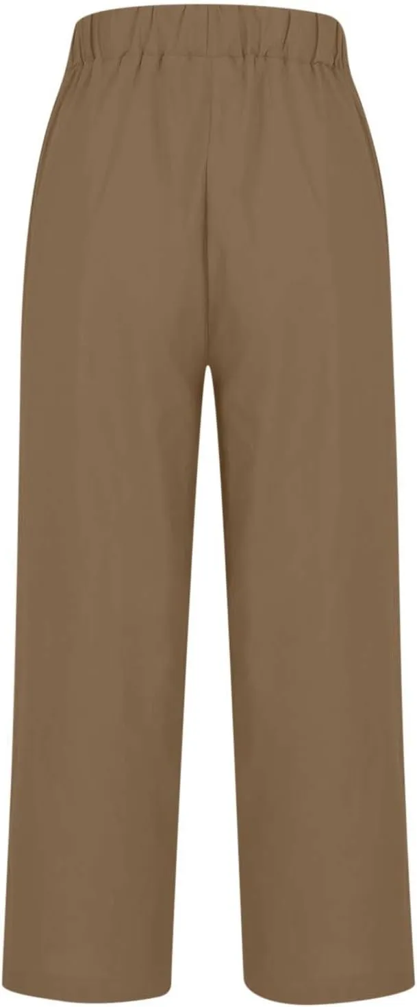 Summer Casual Wide Leg Linen Pants for Women Comfy Cotton Linen Pant Baggy Palazzo Trousers Pocket Boho Beach Outfits
