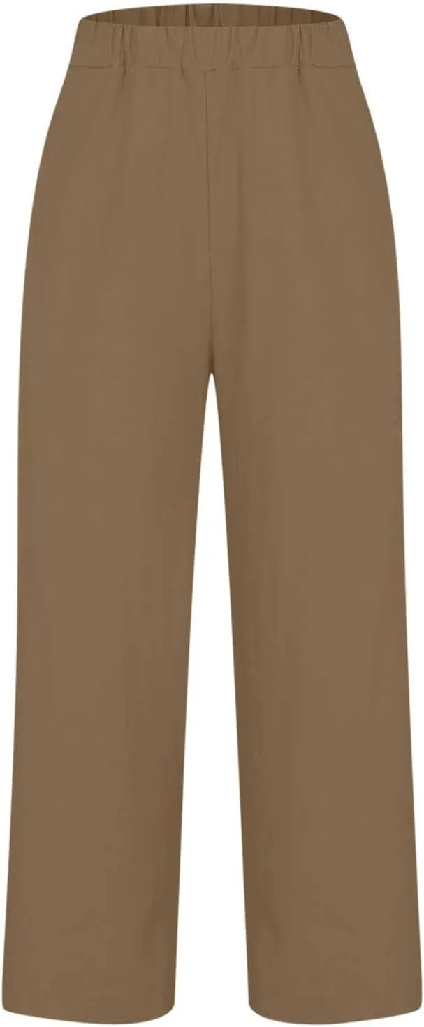 Summer Casual Wide Leg Linen Pants for Women Comfy Cotton Linen Pant Baggy Palazzo Trousers Pocket Boho Beach Outfits