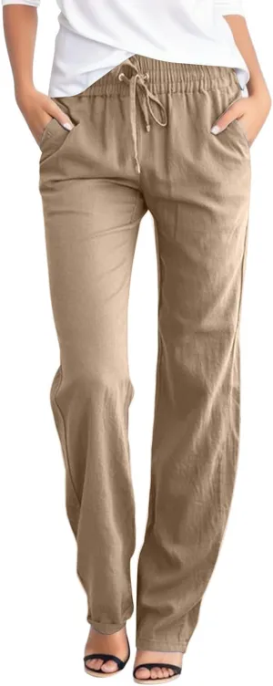 Summer Linen Pants For Women 2024 Trousers With Pockets Casual Drawstring Elastic Waist Lounge Vacation Sweatpants