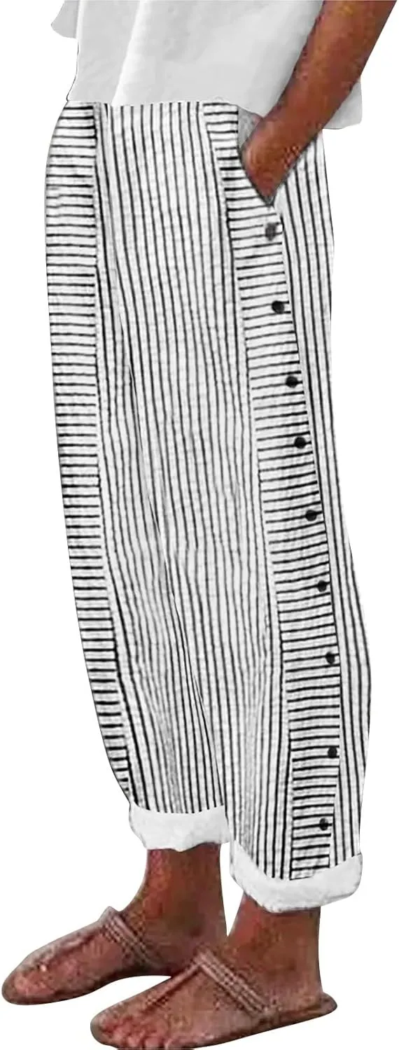 Summer Linen Pants for Women Striped Printed Side Button Pants Baggy Elastic Waist Straight Leg Beach Trousers
