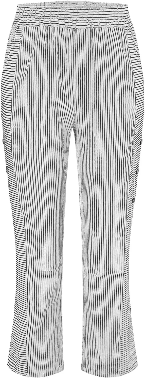 Summer Linen Pants for Women Striped Printed Side Button Pants Baggy Elastic Waist Straight Leg Beach Trousers