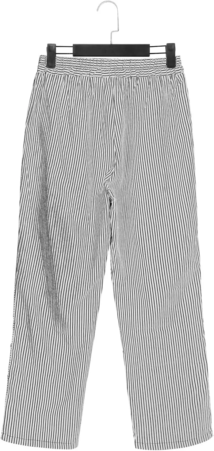 Summer Linen Pants for Women Striped Printed Side Button Pants Baggy Elastic Waist Straight Leg Beach Trousers