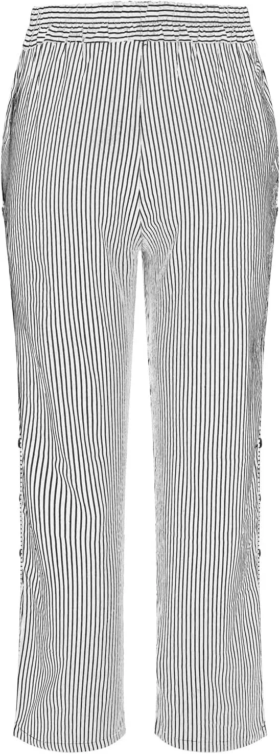Summer Linen Pants for Women Striped Printed Side Button Pants Baggy Elastic Waist Straight Leg Beach Trousers