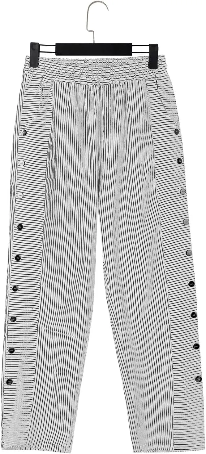 Summer Linen Pants for Women Striped Printed Side Button Pants Baggy Elastic Waist Straight Leg Beach Trousers