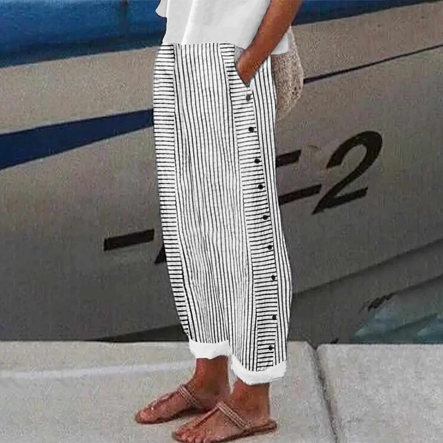 Summer Linen Pants for Women Striped Printed Side Button Pants Baggy Elastic Waist Straight Leg Beach Trousers