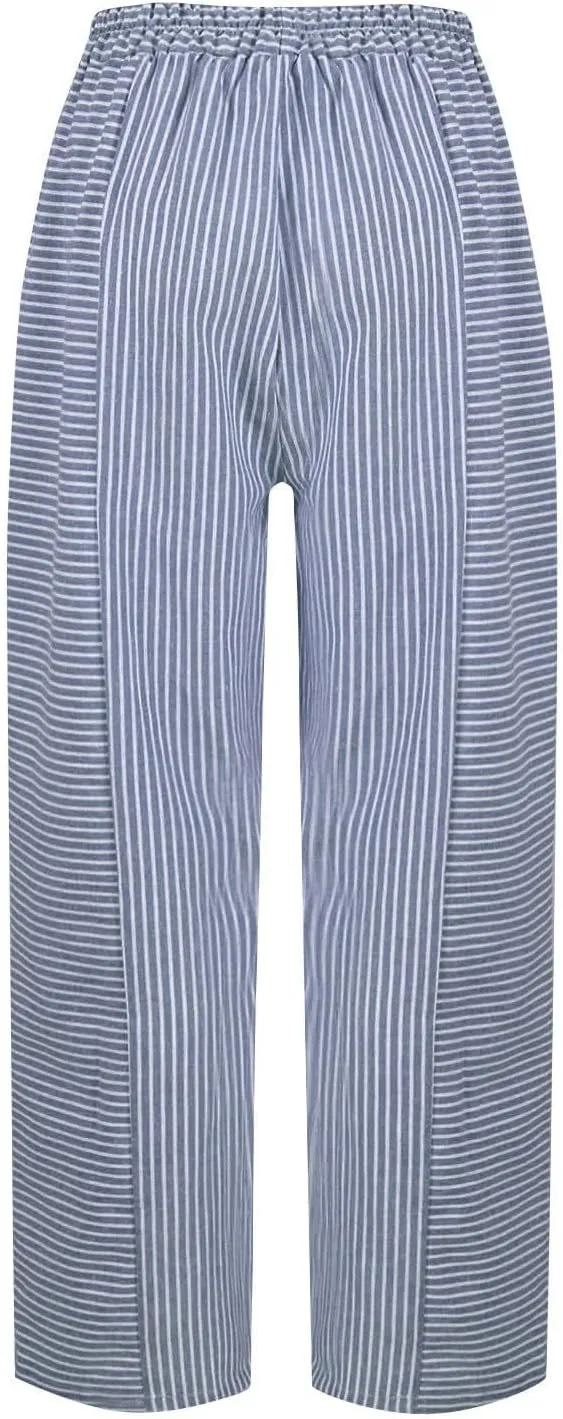 Summer Linen Pants for Women Striped Printed Side Button Pants Baggy Elastic Waist Straight Leg Trousers with Pockets