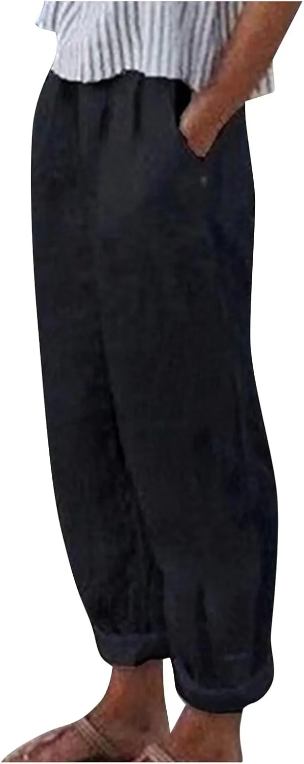 Summer Pants for Women 2024 Cotton Linen Floral Printed Pants Casual Elastic Waist Crop Trousers with Pockets