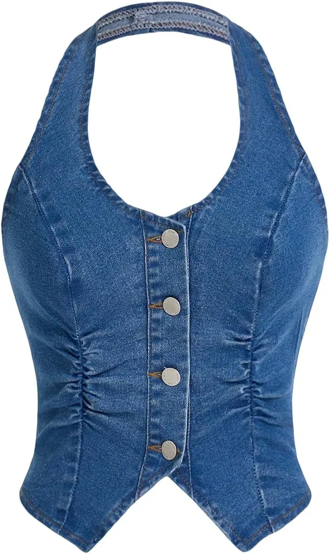 SweatyRocks Women's Asymmetrical Hem Button Down Slim Fit Sleeveless Halter Denim Vest Tops