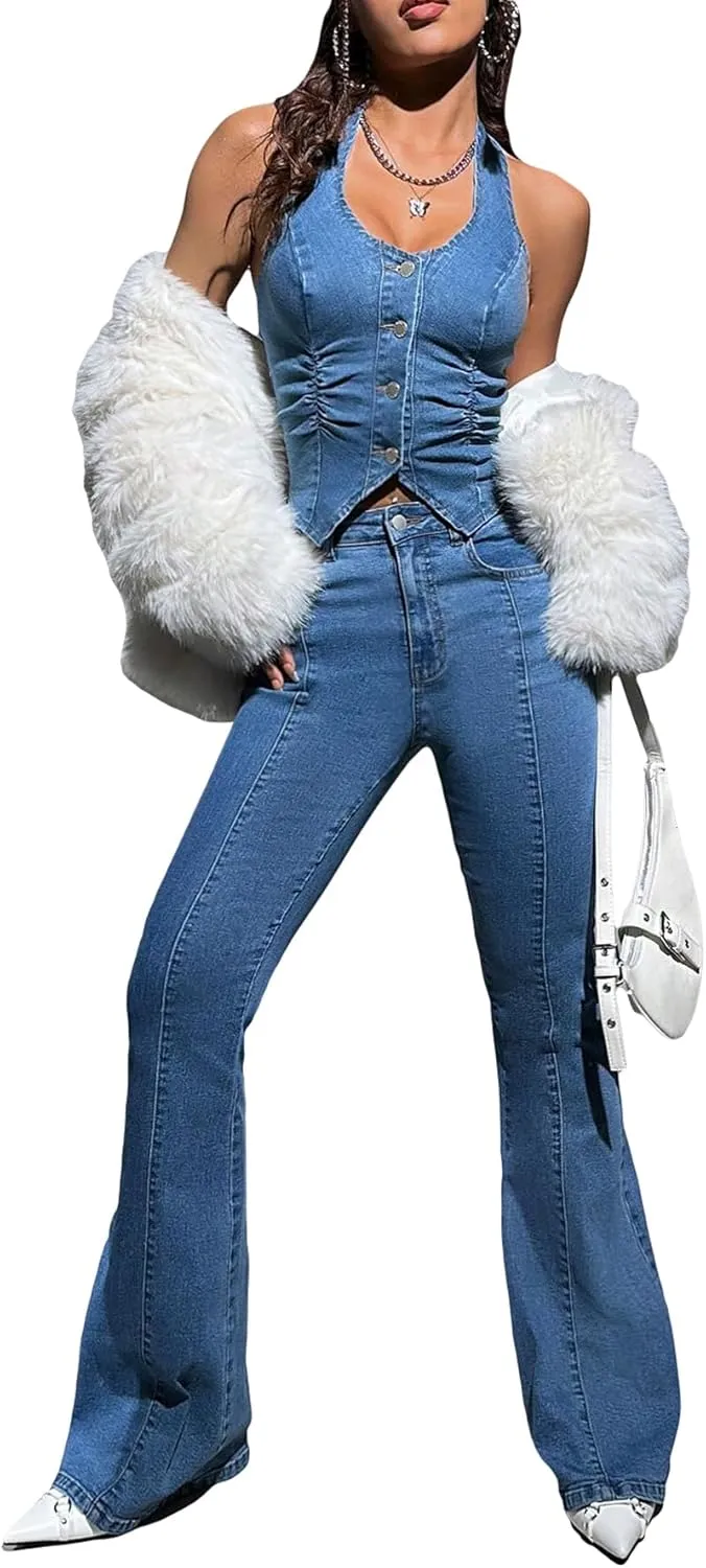 SweatyRocks Women's Asymmetrical Hem Button Down Slim Fit Sleeveless Halter Denim Vest Tops