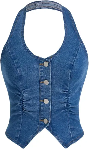 SweatyRocks Women's Asymmetrical Hem Button Down Slim Fit Sleeveless Halter Denim Vest Tops
