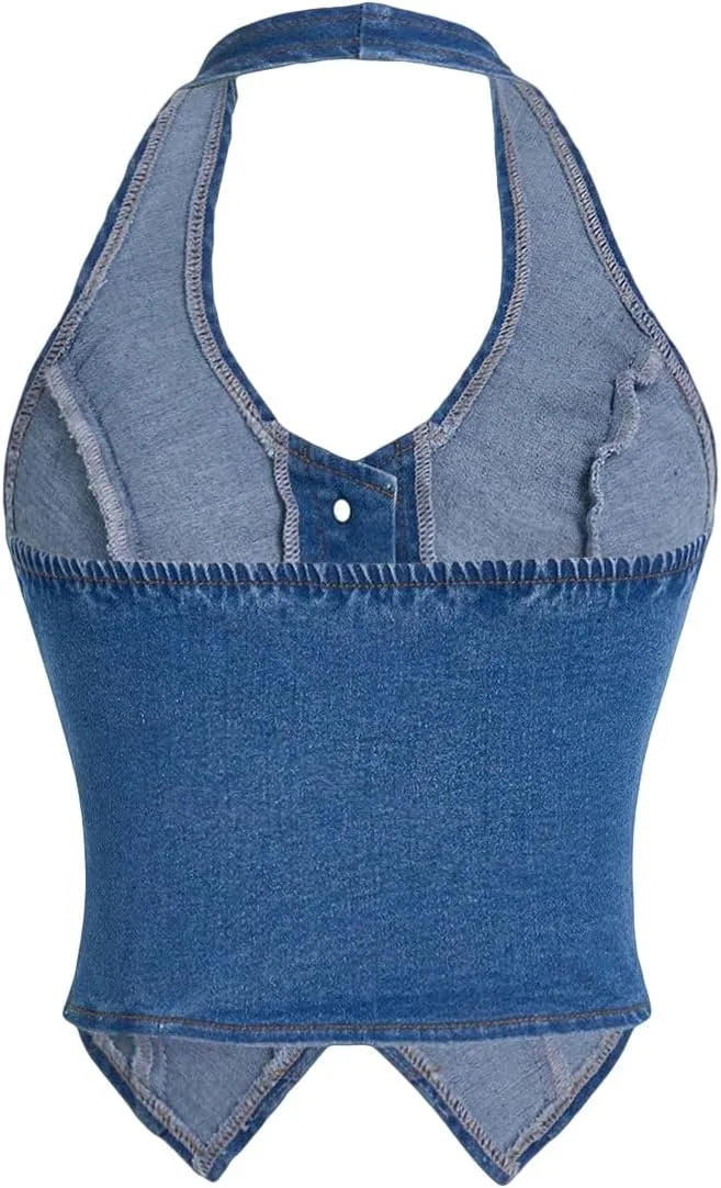 SweatyRocks Women's Asymmetrical Hem Button Down Slim Fit Sleeveless Halter Denim Vest Tops