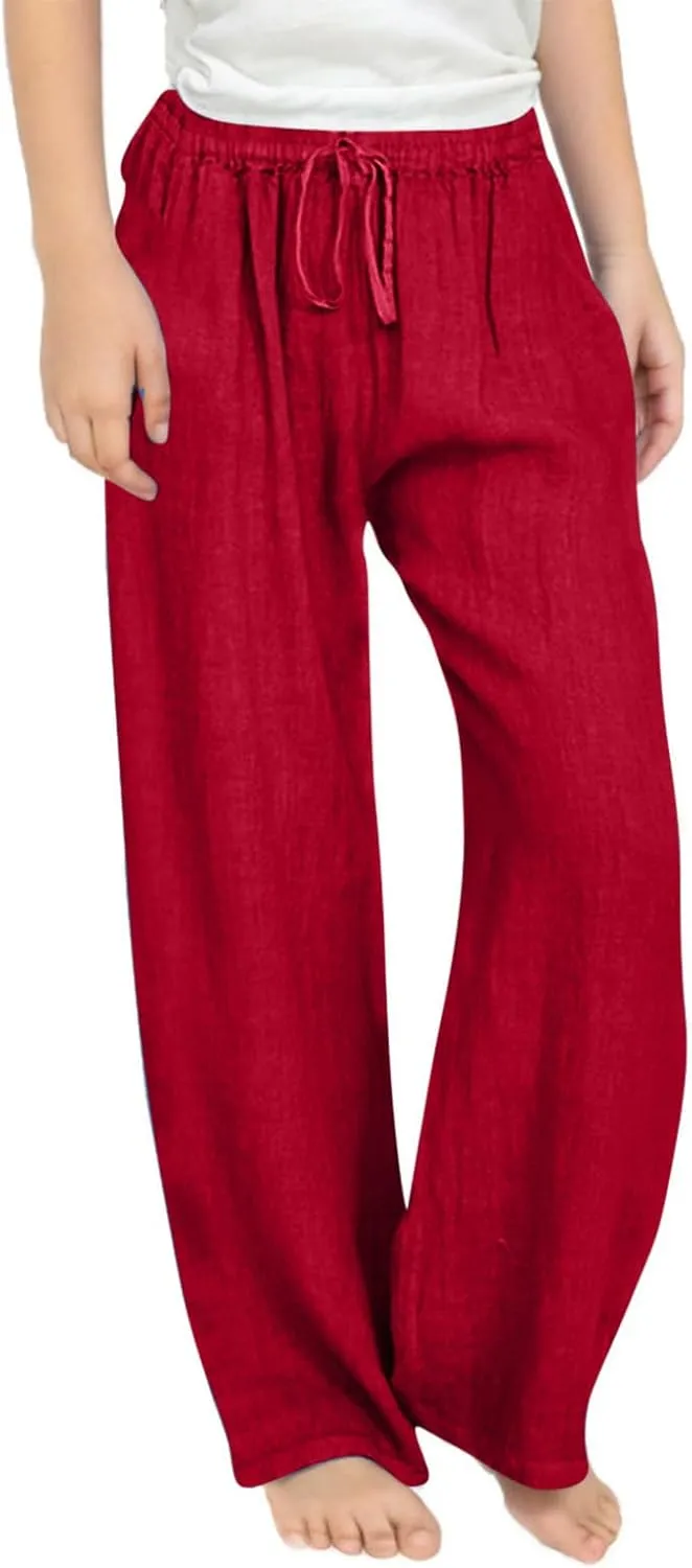 Teen Girls Casual Cotton Linen Pants Lightweight Summer Loose Fit Elastic Waist Plus Size Solid Lounge Long Trousers