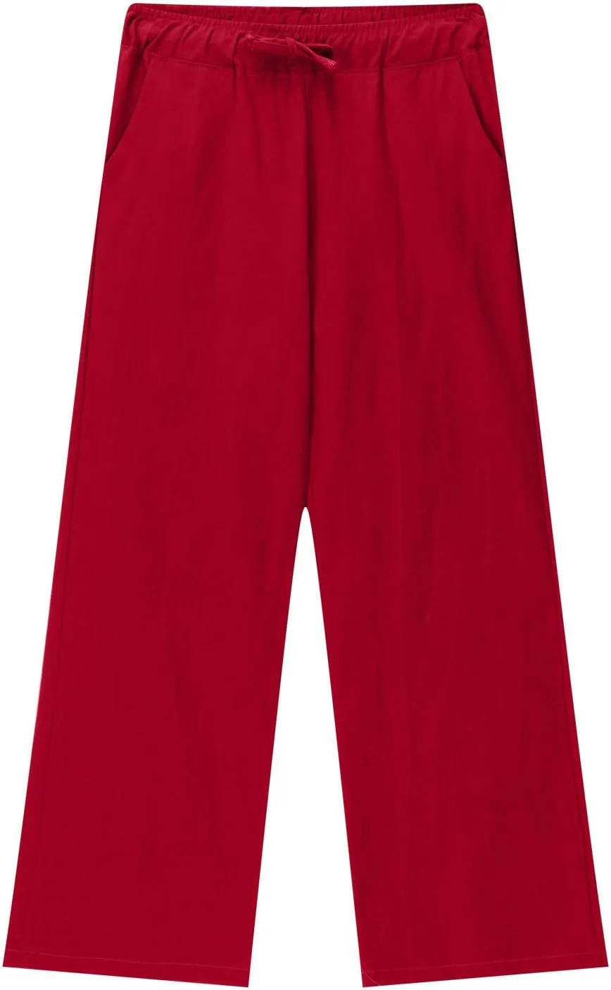 Teen Girls Casual Cotton Linen Pants Lightweight Summer Loose Fit Elastic Waist Plus Size Solid Lounge Long Trousers