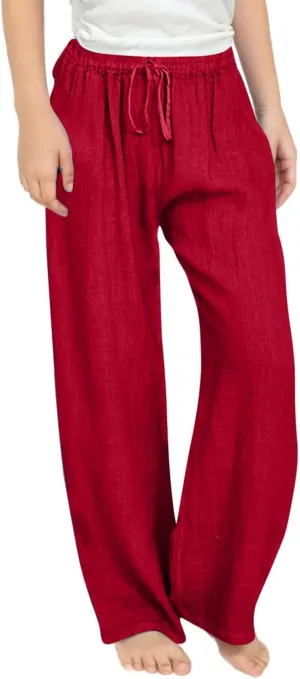 Teen Girls Casual Cotton Linen Pants Lightweight Summer Loose Fit Elastic Waist Plus Size Solid Lounge Long Trousers