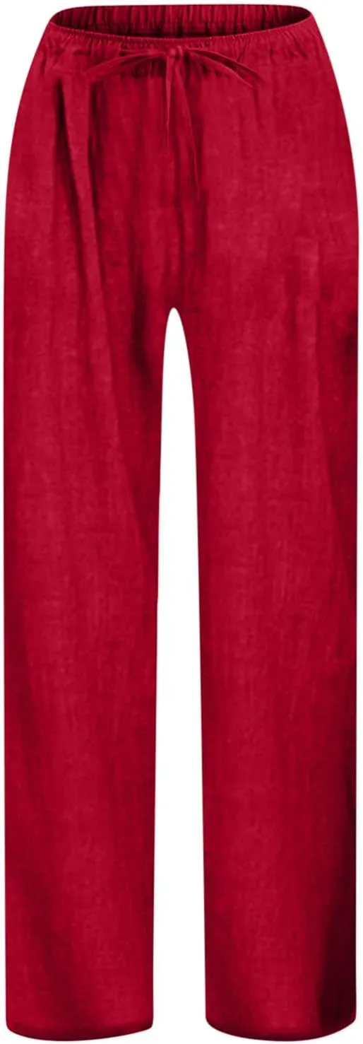 Teen Girls Casual Cotton Linen Pants Lightweight Summer Loose Fit Elastic Waist Plus Size Solid Lounge Long Trousers