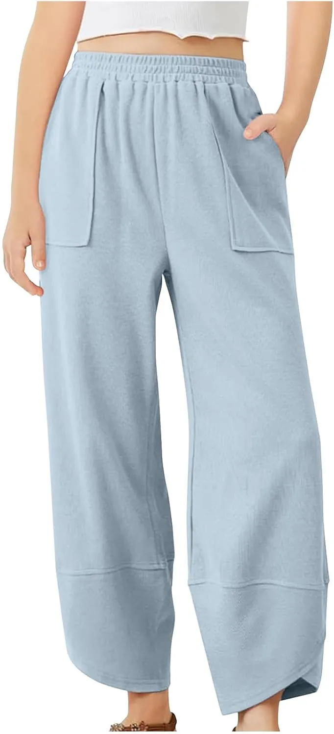 Teen Girls Palazzo Pants 2025 Summer Casual Cotton Linen Trousers Lightweight Elastic Waist Preppy Solid Loose Pant