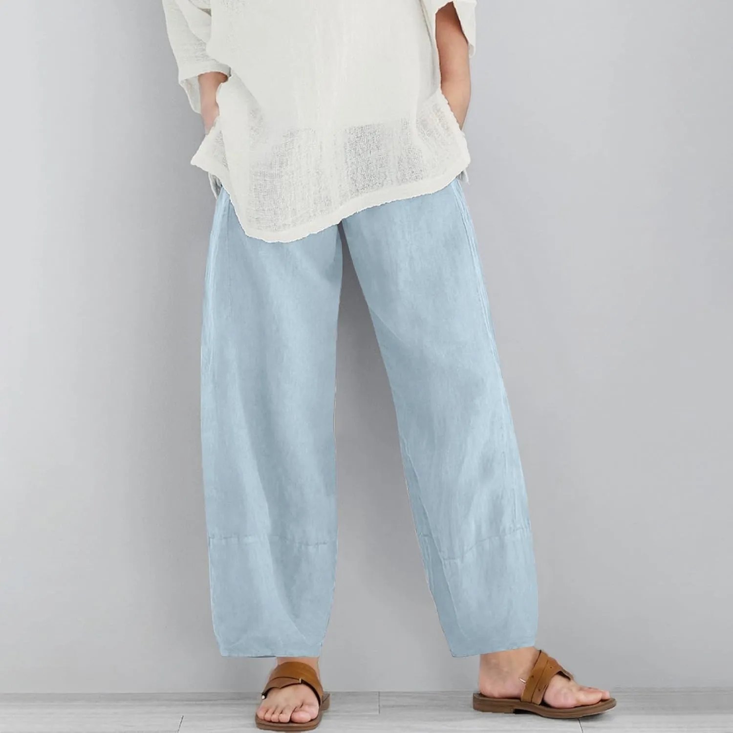 Teen Girls Palazzo Pants 2025 Summer Casual Cotton Linen Trousers Lightweight Elastic Waist Preppy Solid Loose Pant