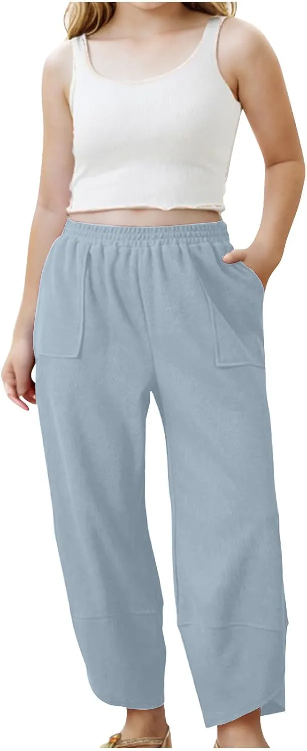 Teen Girls Palazzo Pants 2025 Summer Casual Cotton Linen Trousers Lightweight Elastic Waist Preppy Solid Loose Pant