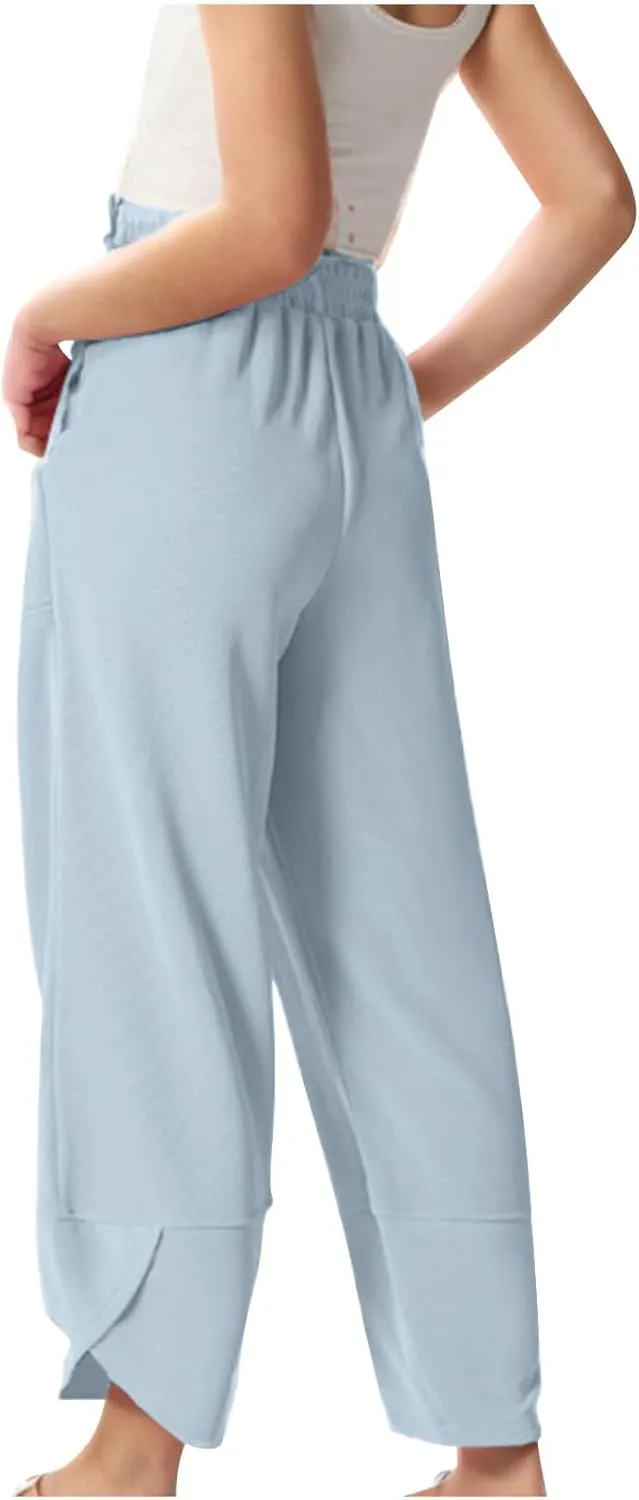 Teen Girls Palazzo Pants 2025 Summer Casual Cotton Linen Trousers Lightweight Elastic Waist Preppy Solid Loose Pant