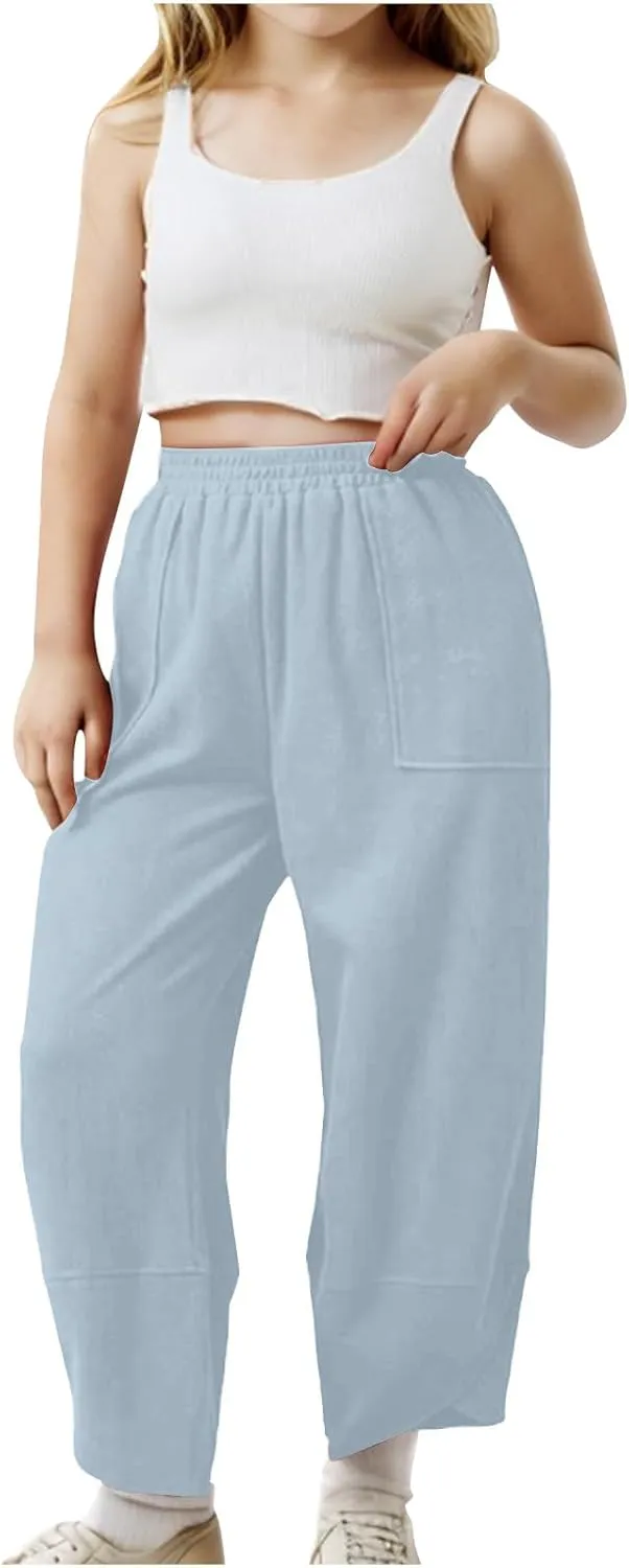Teen Girls Palazzo Pants 2025 Summer Casual Cotton Linen Trousers Lightweight Elastic Waist Preppy Solid Loose Pant