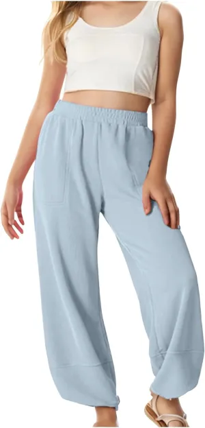 Teen Girls Palazzo Pants 2025 Summer Casual Cotton Linen Trousers Lightweight Elastic Waist Preppy Solid Loose Pant