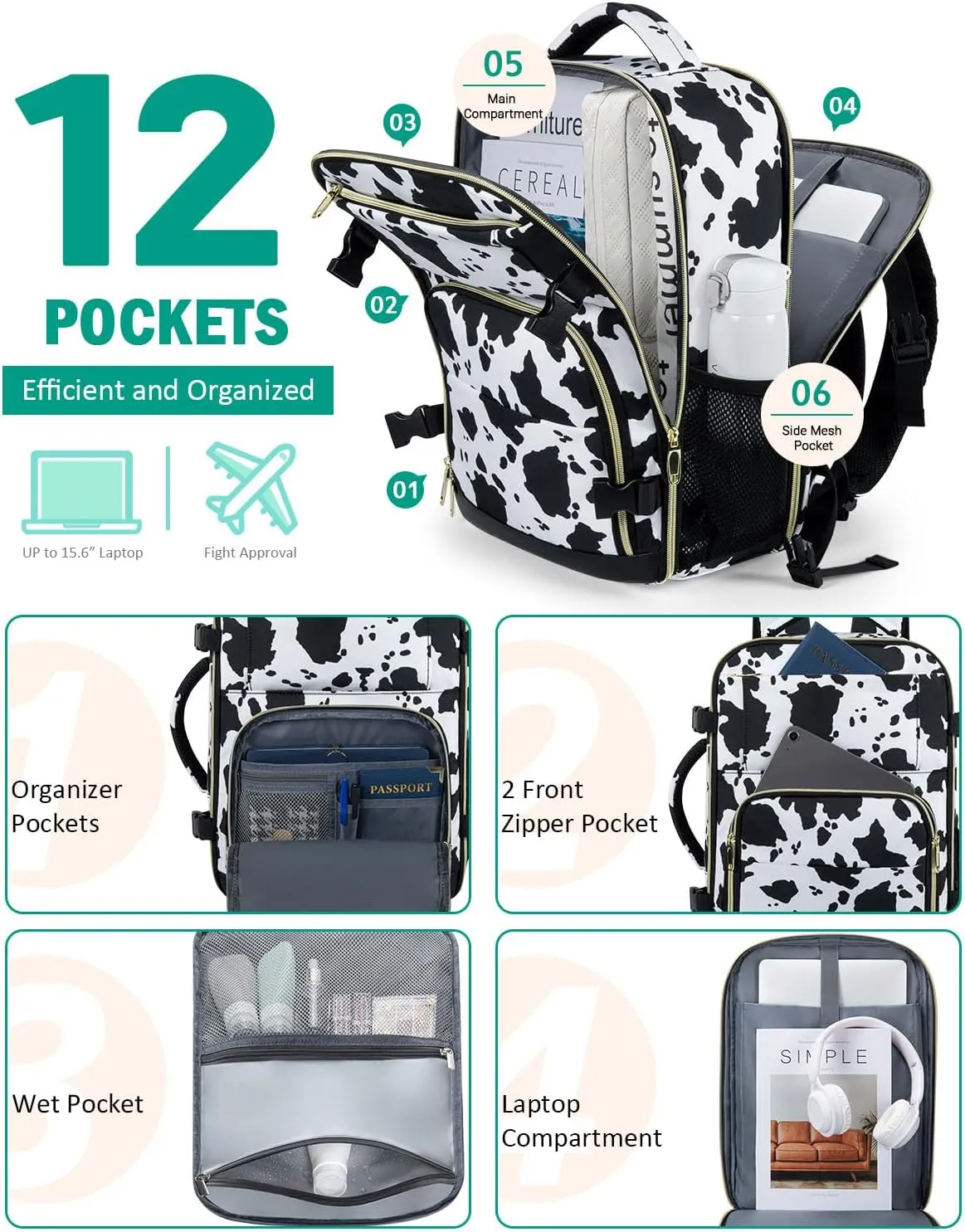 Travel Backpack For Women, Carry On Backpack for Men Flight Approved Airline Personal Item Travel Bag TSA Business 15.6 inch Laptop Mochila, Travels Essentials Bookbag for Hiking Work(Cow Print)