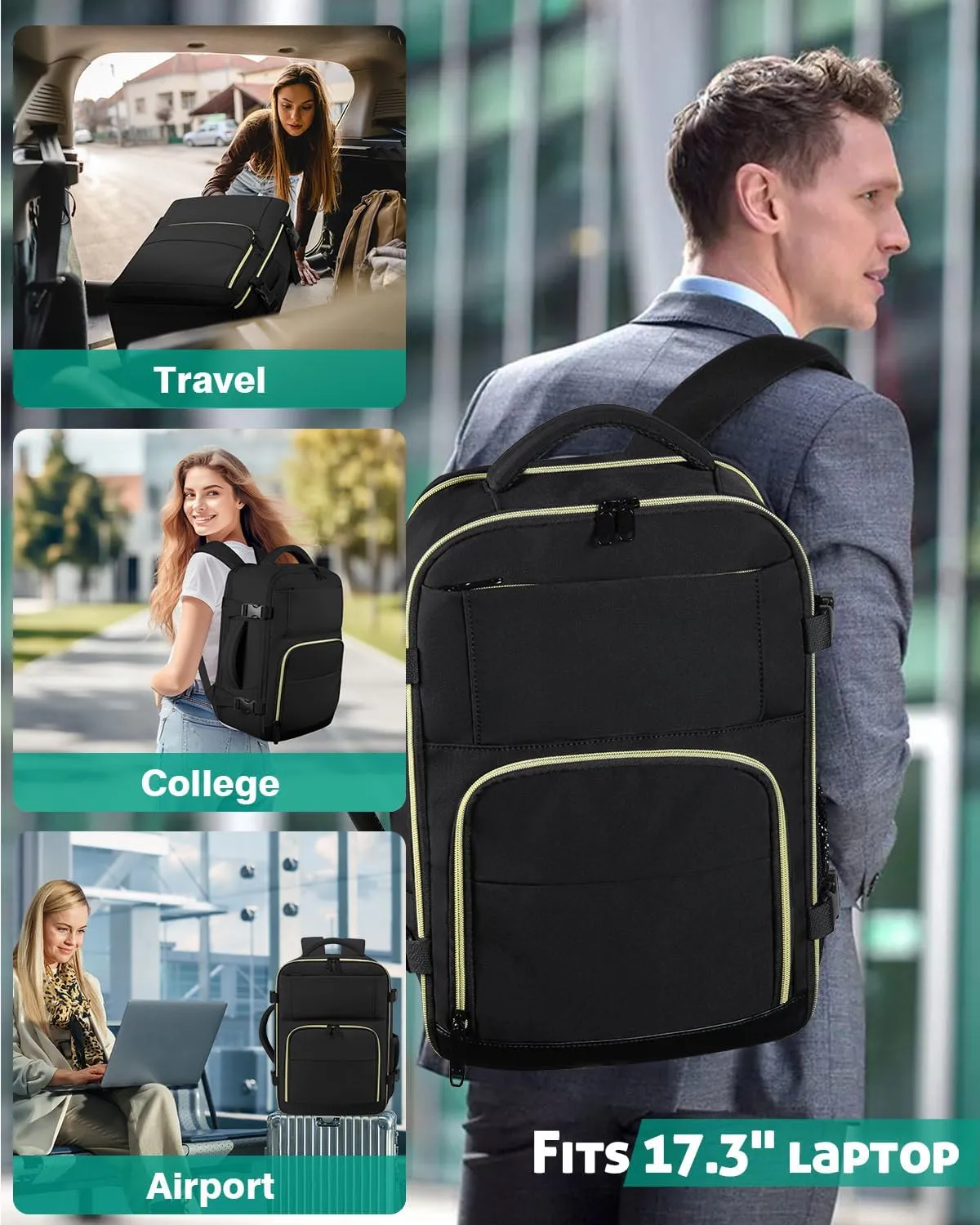 Travel Backpack For Women, Carry On Backpack for Men Flight Approved Airline Personal Item Travel Bag TSA Business 17.3 in Laptop Mochila, Travels Essentials Bookbag for Work Nurse Hiking (Black)