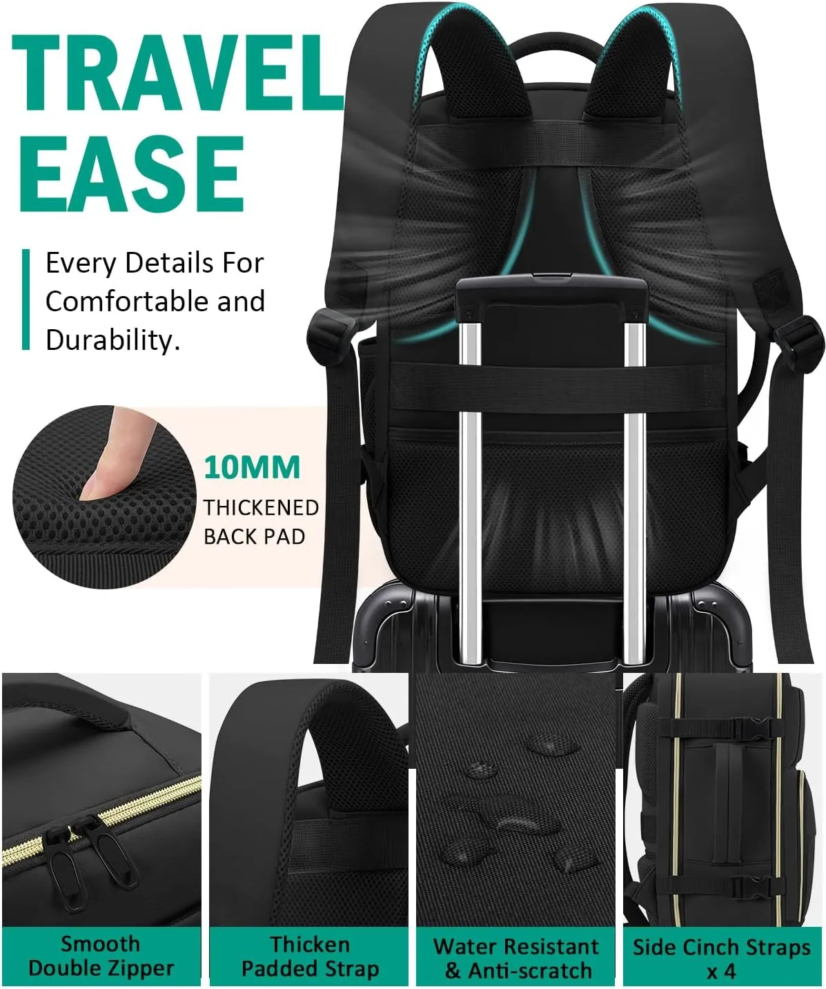 Travel Backpack For Women, Carry On Backpack for Men Flight Approved Airline Personal Item Travel Bag TSA Business 17.3 in Laptop Mochila, Travels Essentials Bookbag for Work Nurse Hiking (Black)