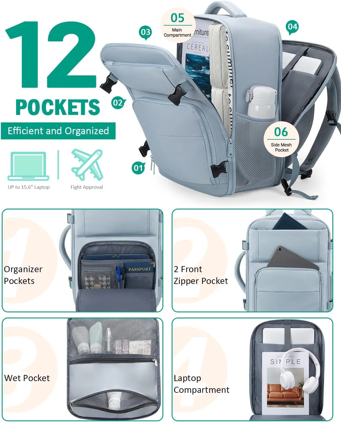 Travel Backpack For Women, Carry On Backpack for Men Flight Approved Airline Personal Item Travel Bag TSA Business 17.3 in Laptop Mochila, Travels Essentials Bookbag for Work Nurse Hiking (Light Blue)