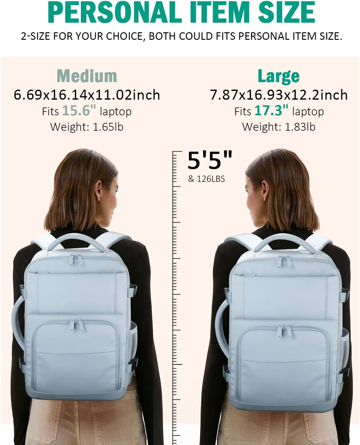 Travel Backpack For Women, Carry On Backpack for Men Flight Approved Airline Personal Item Travel Bag TSA Business 17.3 in Laptop Mochila, Travels Essentials Bookbag for Work Nurse Hiking (Light Blue)