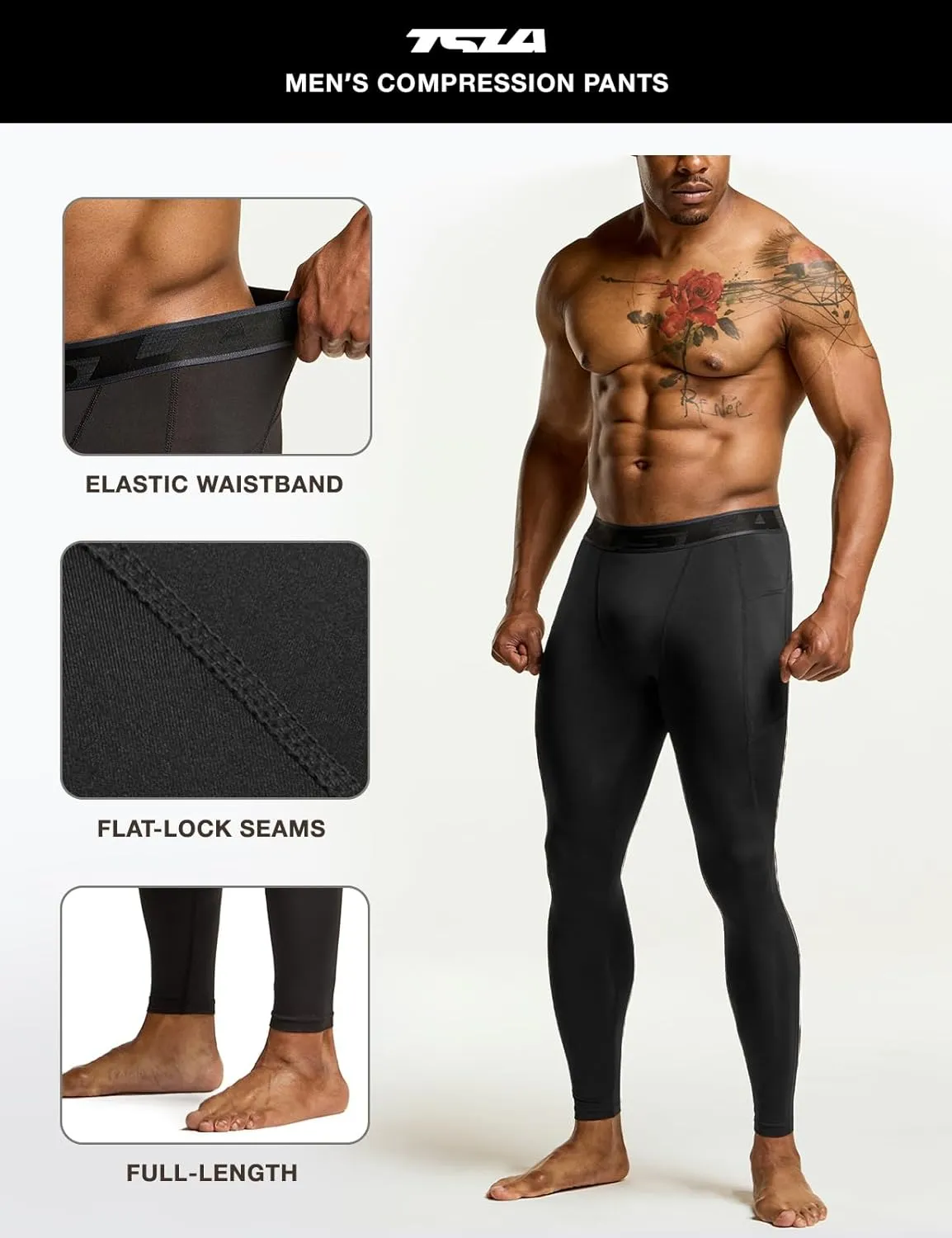 TSLA Men's Compression Pants, Cool Dry Athletic Workout Running Leggings Tights with Pockets