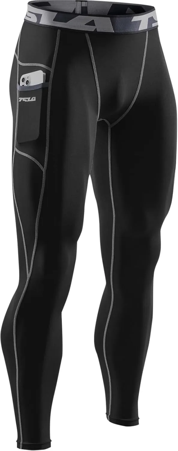 TSLA Men's Compression Pants, Cool Dry Athletic Workout Running Leggings Tights with Pockets