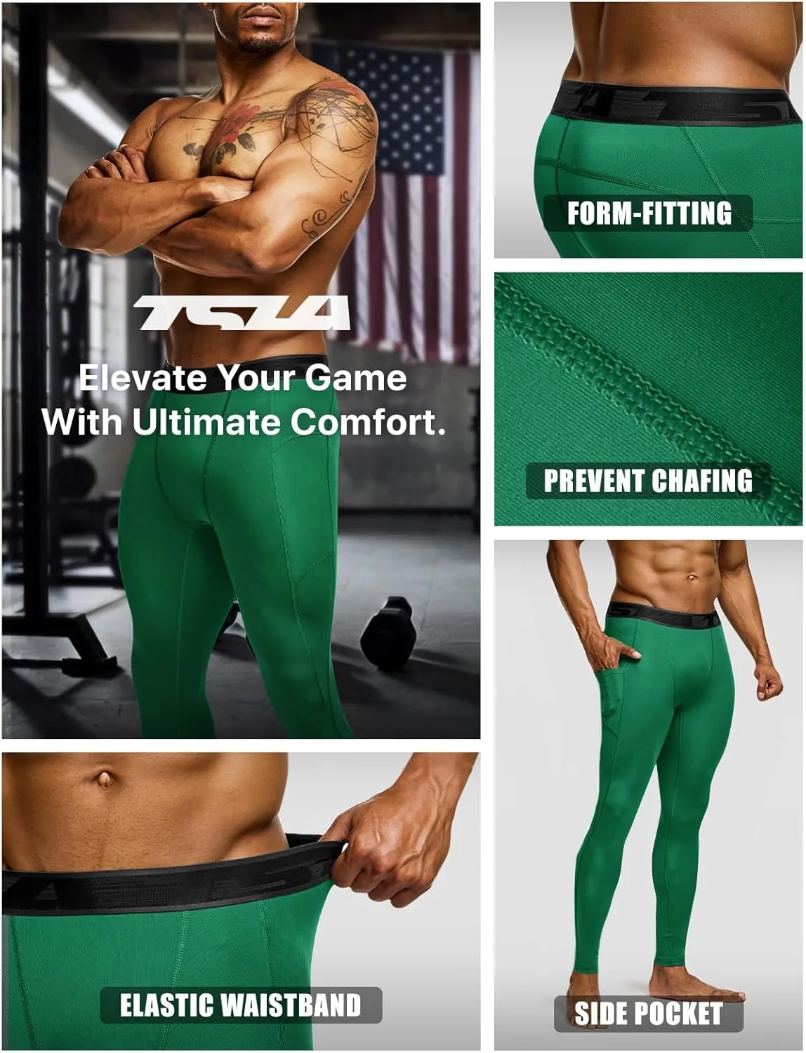TSLA Men's Compression Pants, Cool Dry Athletic Workout Running Leggings Tights with Pockets